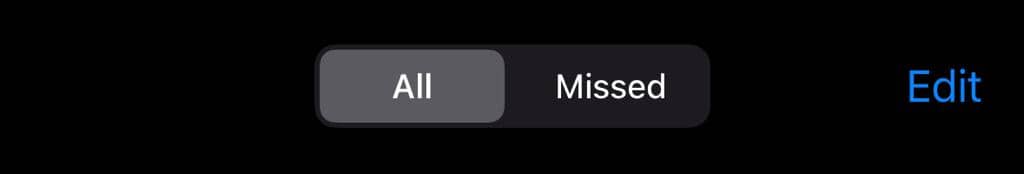 iPhone's All & Missed call Options Screenshot 