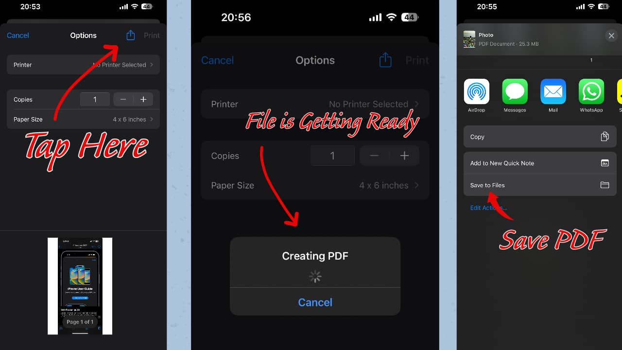 iPhone screenshots for demonstrate Converting Photos to PDF, Step By Step