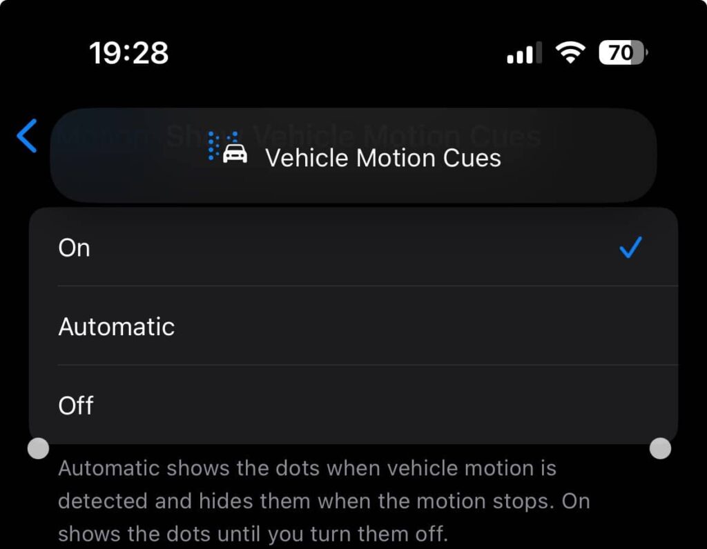 A Screenshot of vehicle motion cues option on iPhone