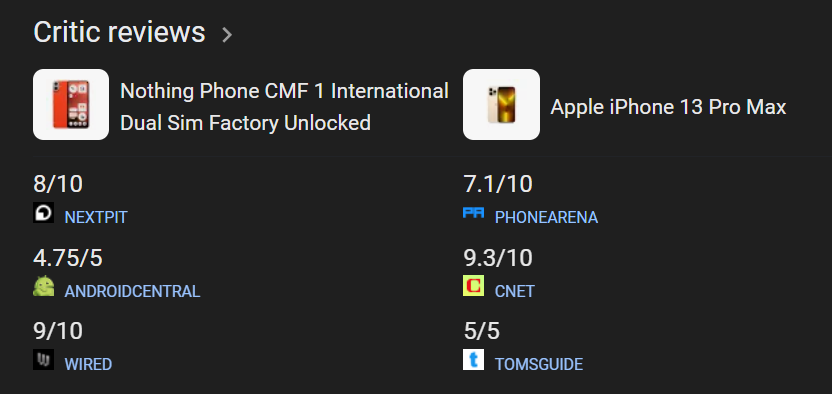 Review Screenshot of cmf phone 1 compared to iphone 13 pro max​